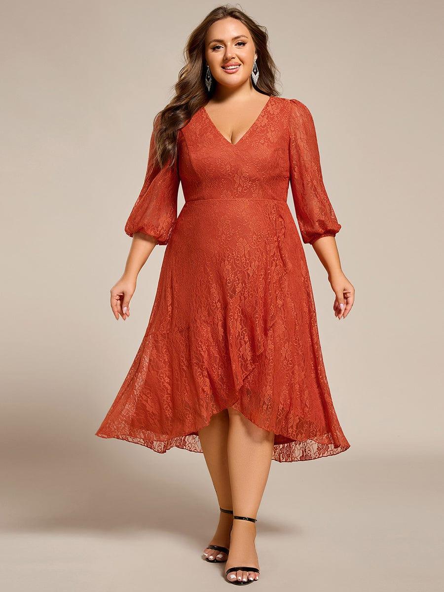 pretty CAMILLE|Plus Size Midi Long Lantern Sleeves V-Neck Lace Wedding Guest Dress