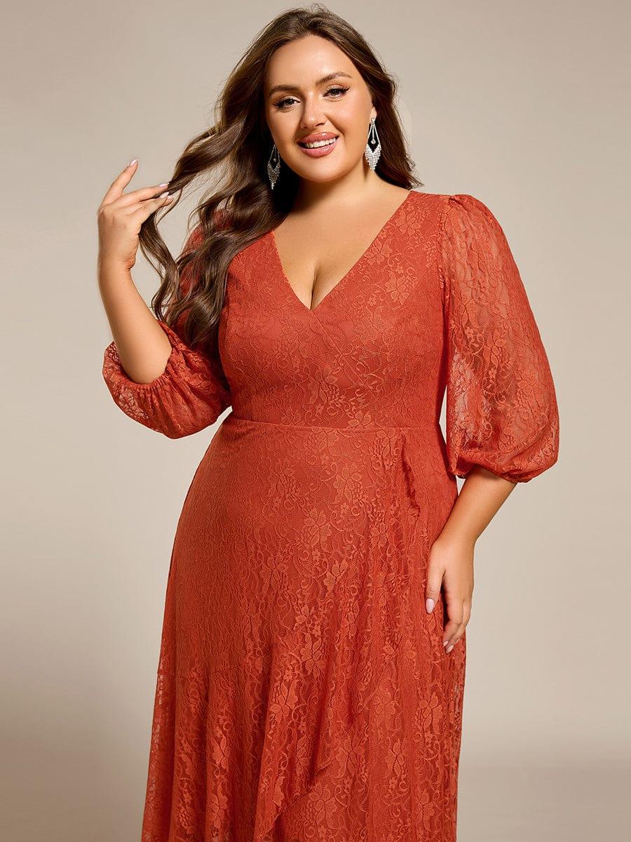 pretty CAMILLE|Plus Size Midi Long Lantern Sleeves V-Neck Lace Wedding Guest Dress