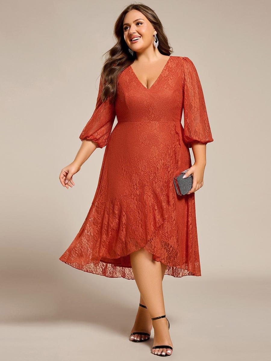 pretty CAMILLE|Plus Size Midi Long Lantern Sleeves V-Neck Lace Wedding Guest Dress