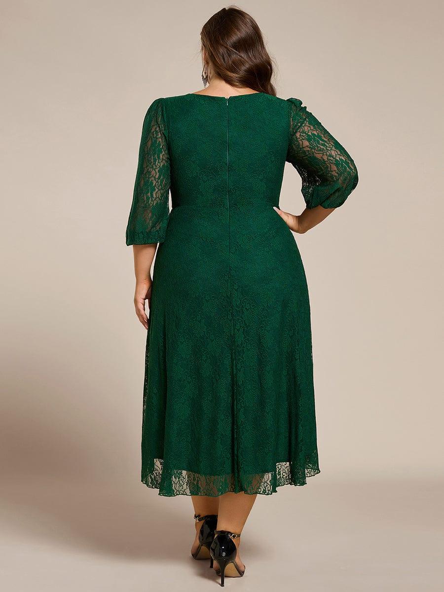 pretty CAMILLE|Plus Size Midi Long Lantern Sleeves V-Neck Lace Wedding Guest Dress