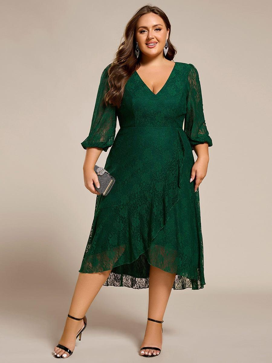 pretty CAMILLE|Plus Size Midi Long Lantern Sleeves V-Neck Lace Wedding Guest Dress