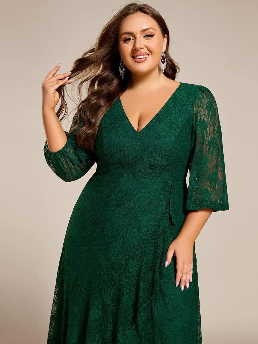 pretty CAMILLE|Plus Size Midi Long Lantern Sleeves V-Neck Lace Wedding Guest Dress