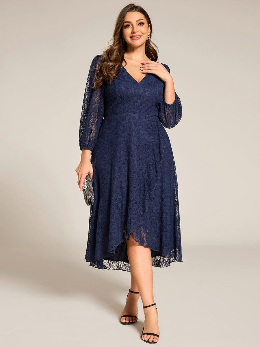 pretty CAMILLE|Plus Size Midi Long Lantern Sleeves V-Neck Lace Wedding Guest Dress