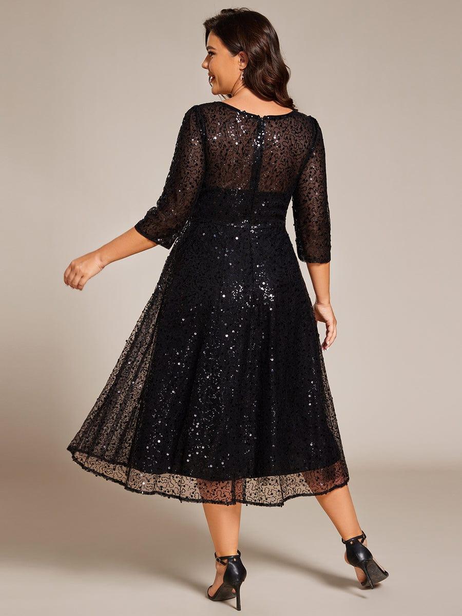 pretty SIENNA|Plus Size 3/4 Sleeve Midi Round Neck A-Line Sequin Wedding Guest Dress