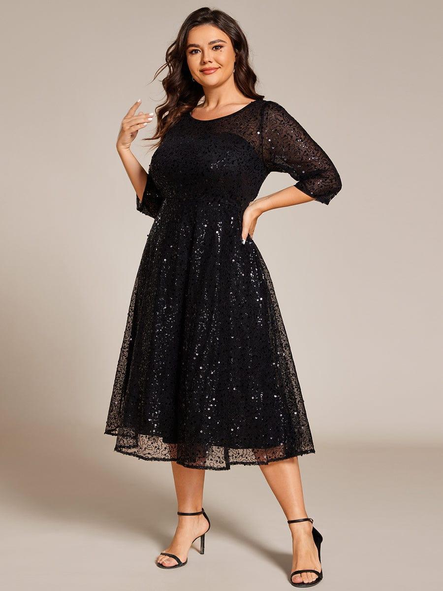 pretty SIENNA|Plus Size 3/4 Sleeve Midi Round Neck A-Line Sequin Wedding Guest Dress