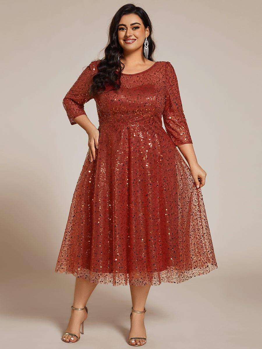 pretty SIENNA|Plus Size 3/4 Sleeve Midi Round Neck A-Line Sequin Wedding Guest Dress