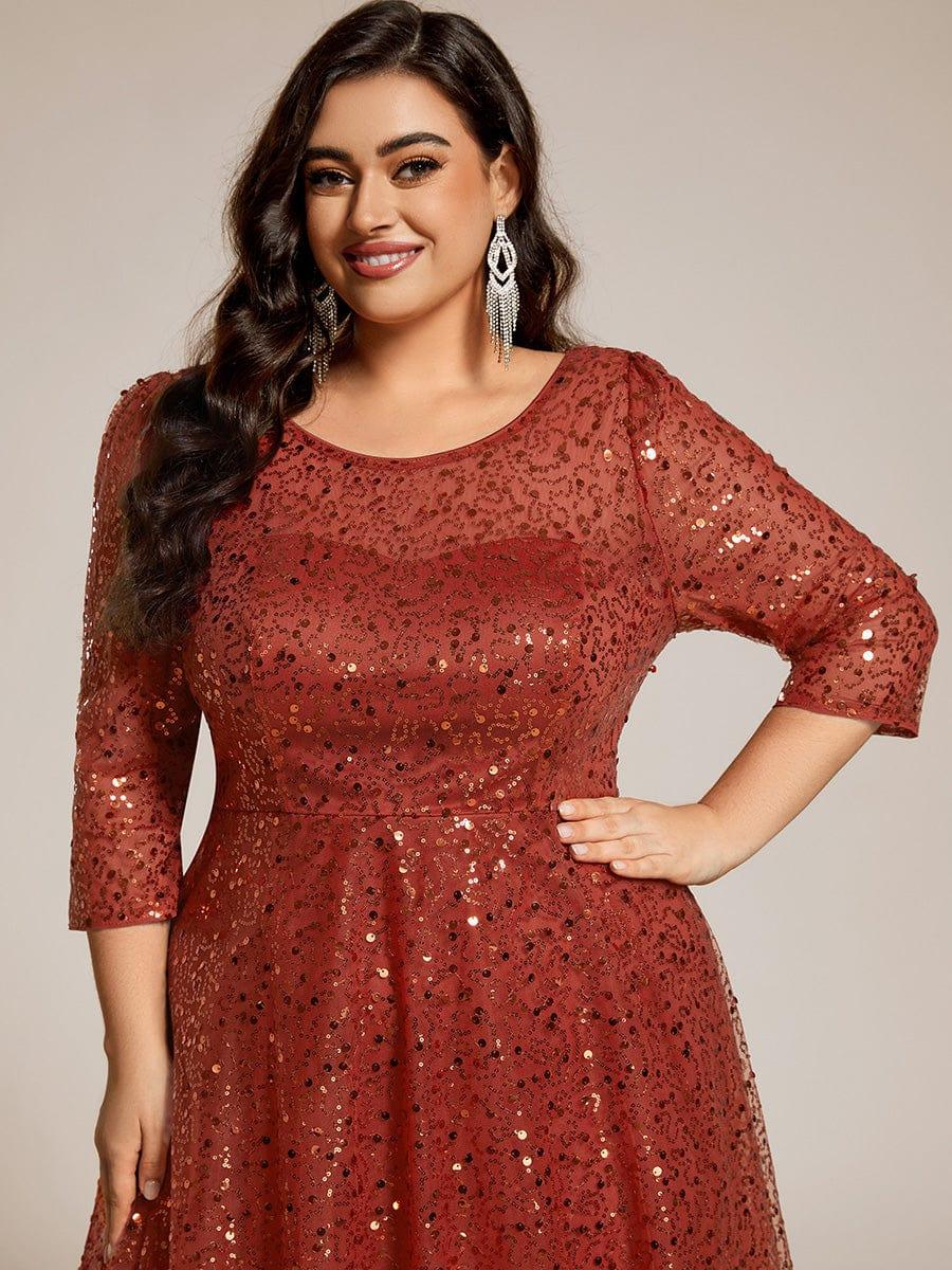 pretty SIENNA|Plus Size 3/4 Sleeve Midi Round Neck A-Line Sequin Wedding Guest Dress