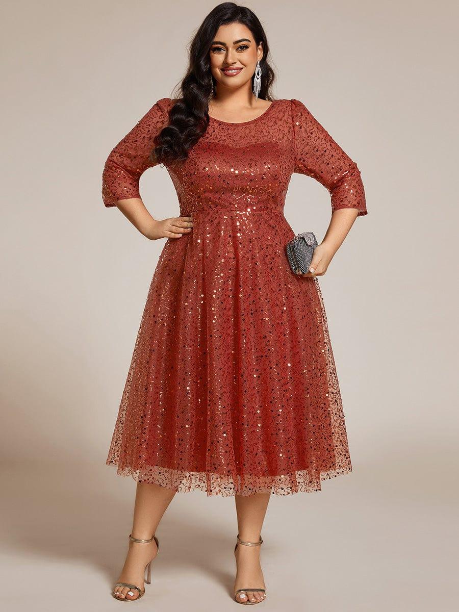 pretty SIENNA|Plus Size 3/4 Sleeve Midi Round Neck A-Line Sequin Wedding Guest Dress