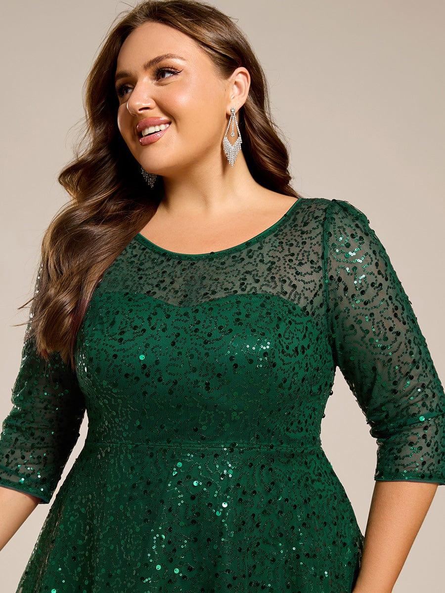 pretty SIENNA|Plus Size 3/4 Sleeve Midi Round Neck A-Line Sequin Wedding Guest Dress