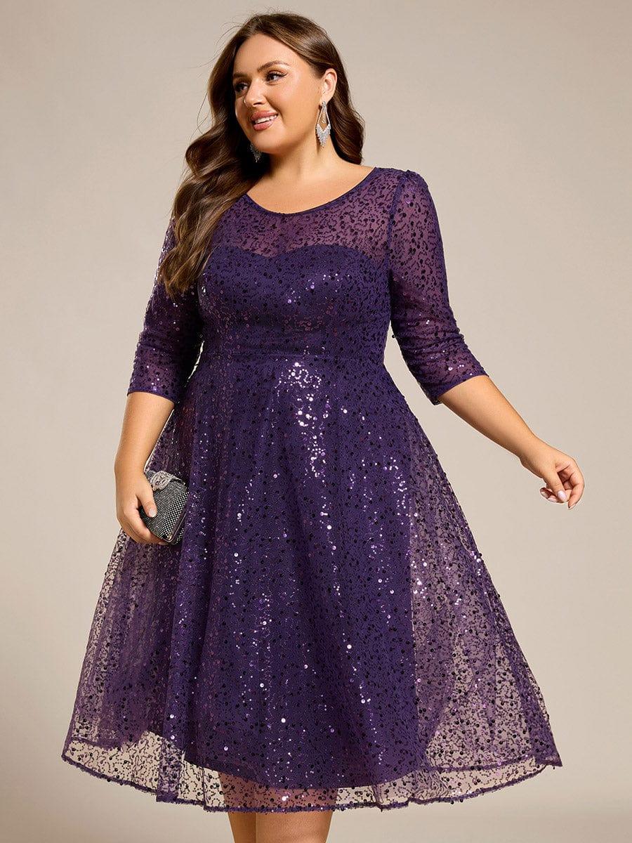 pretty SIENNA|Plus Size 3/4 Sleeve Midi Round Neck A-Line Sequin Wedding Guest Dress