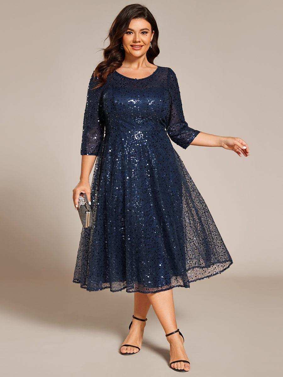 pretty SIENNA|Plus Size 3/4 Sleeve Midi Round Neck A-Line Sequin Wedding Guest Dress