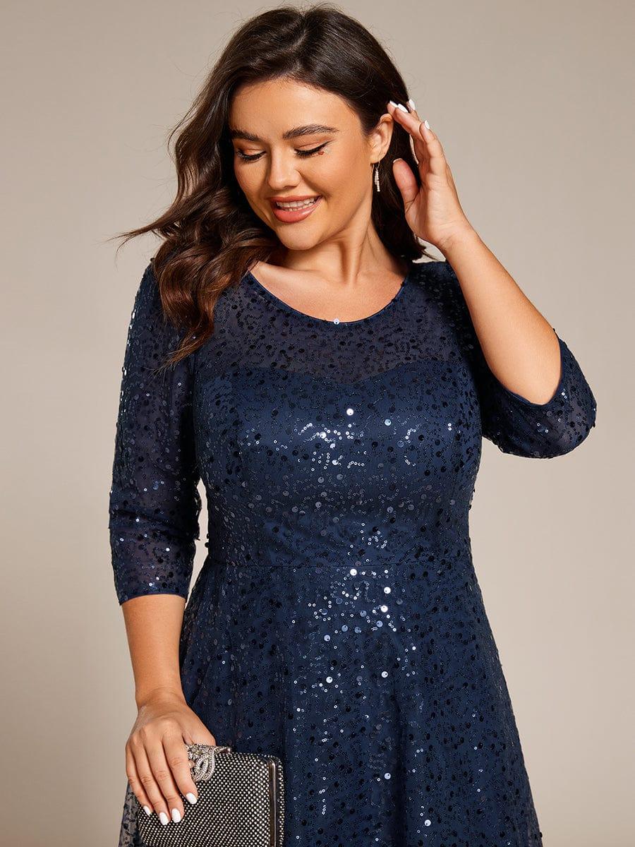 pretty SIENNA|Plus Size 3/4 Sleeve Midi Round Neck A-Line Sequin Wedding Guest Dress