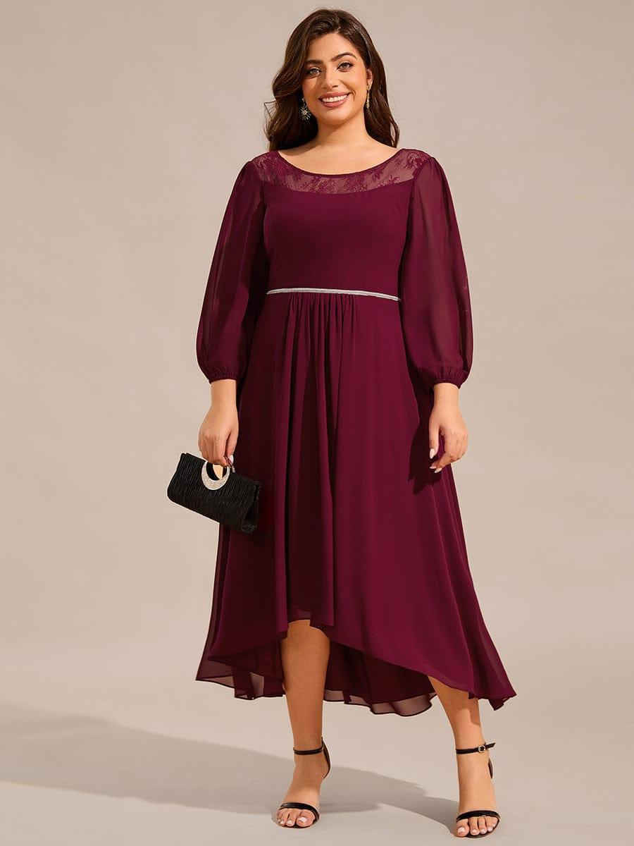 pretty AMYRA|Plus Size Lace Round Neck Long Sleeve Chiffon Midi Wedding Guest Dress