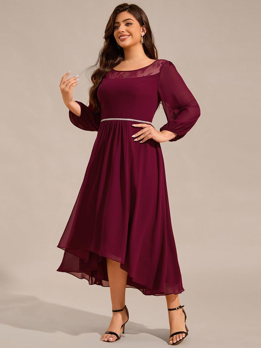 pretty AMYRA|Plus Size Lace Round Neck Long Sleeve Chiffon Midi Wedding Guest Dress