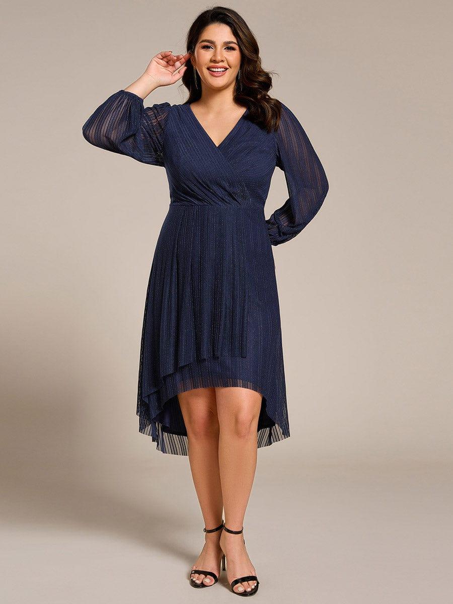 pretty BRISTOL|Plus Size Pleated Long Sleeve V-Neck Midi Glitter Wedding Guest Dress
