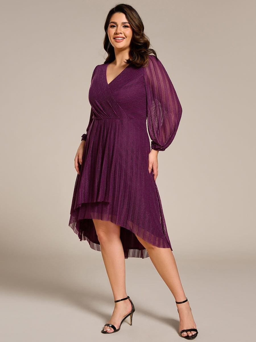 pretty BRISTOL|Plus Size Pleated Long Sleeve V-Neck Midi Glitter Wedding Guest Dress