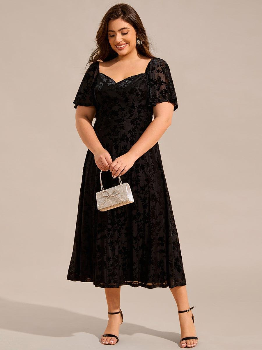 pretty BLOOM|Plus Size Printed Velvet A-Line Short Sleeve Tea Length Wedding Guest Dress