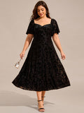 pretty BLOOM|Plus Size Printed Velvet A-Line Short Sleeve Tea Length Wedding Guest Dress