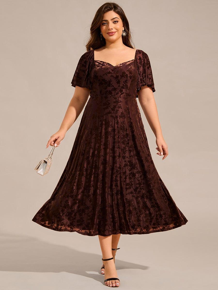 pretty BLOOM|Plus Size Printed Velvet A-Line Short Sleeve Tea Length Wedding Guest Dress