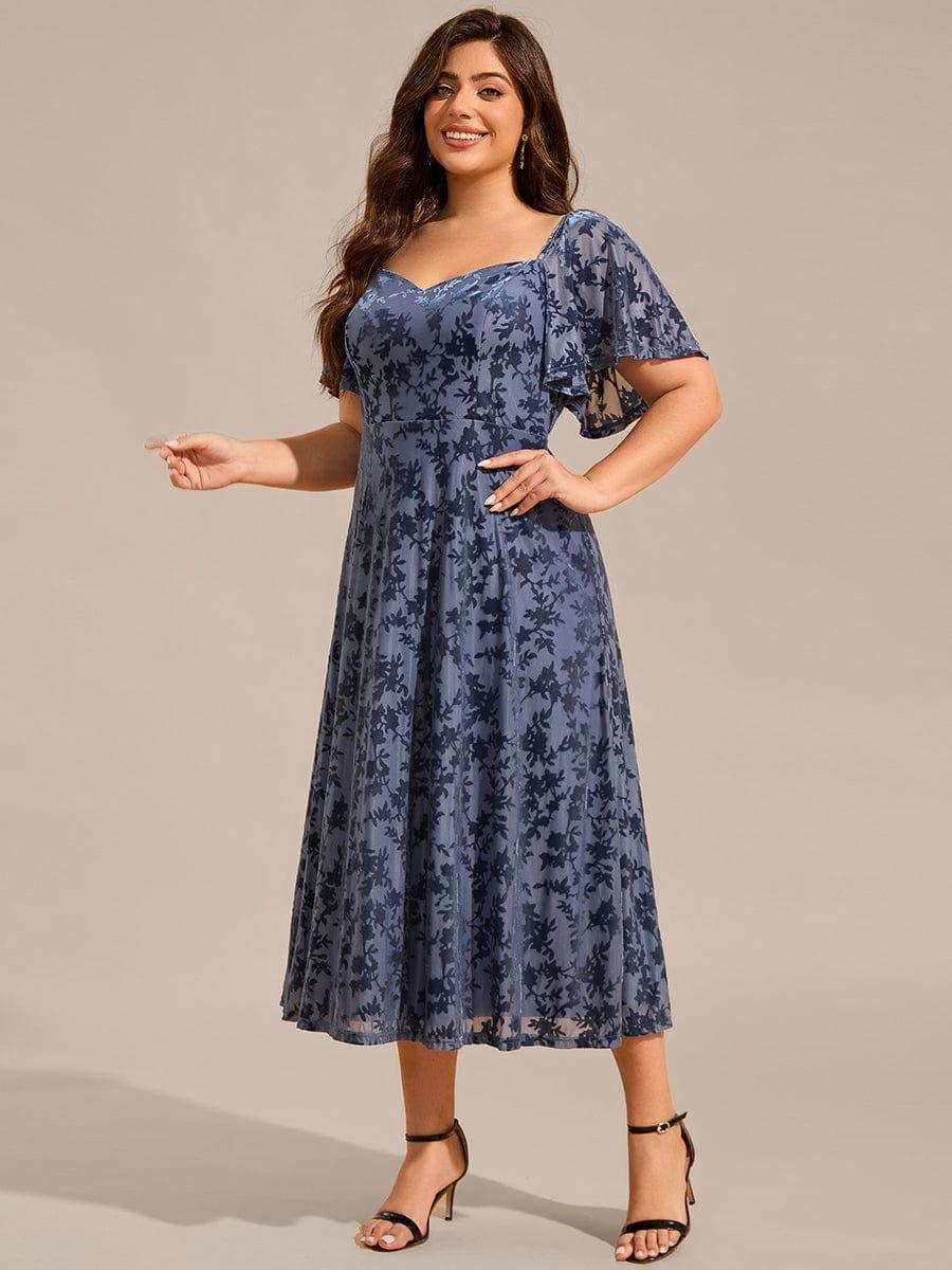 pretty BLOOM|Plus Size Printed Velvet A-Line Short Sleeve Tea Length Wedding Guest Dress