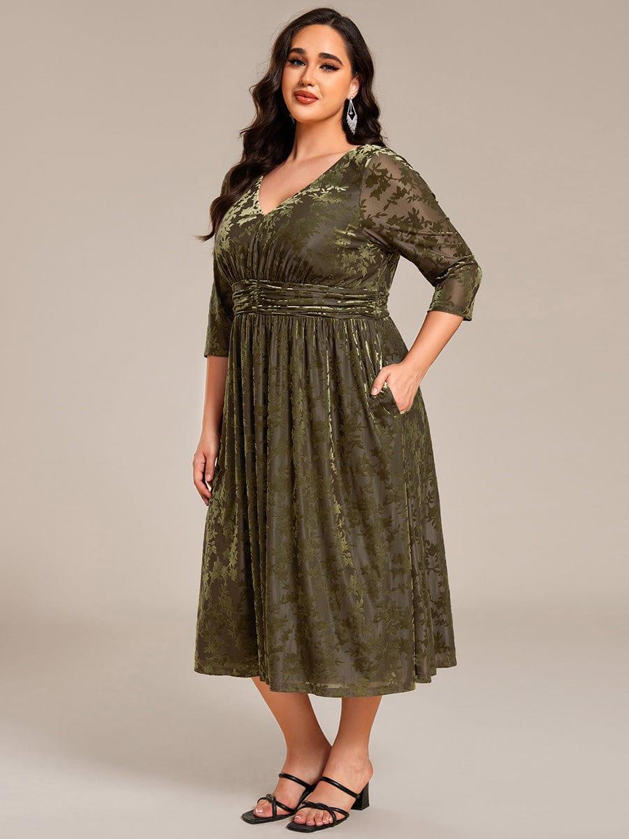 pretty NYRA|Plus Size 3/4 Sleeve Floral Velvet Wedding Guest Dress with Pockets