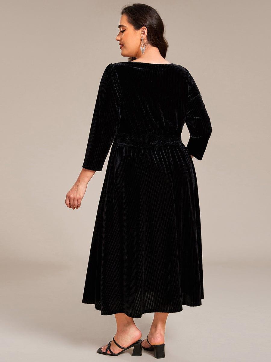 pretty ARLET|Plus Size Elegant Pleated Velvet Stretchy Tea Length Wedding Guest Dress