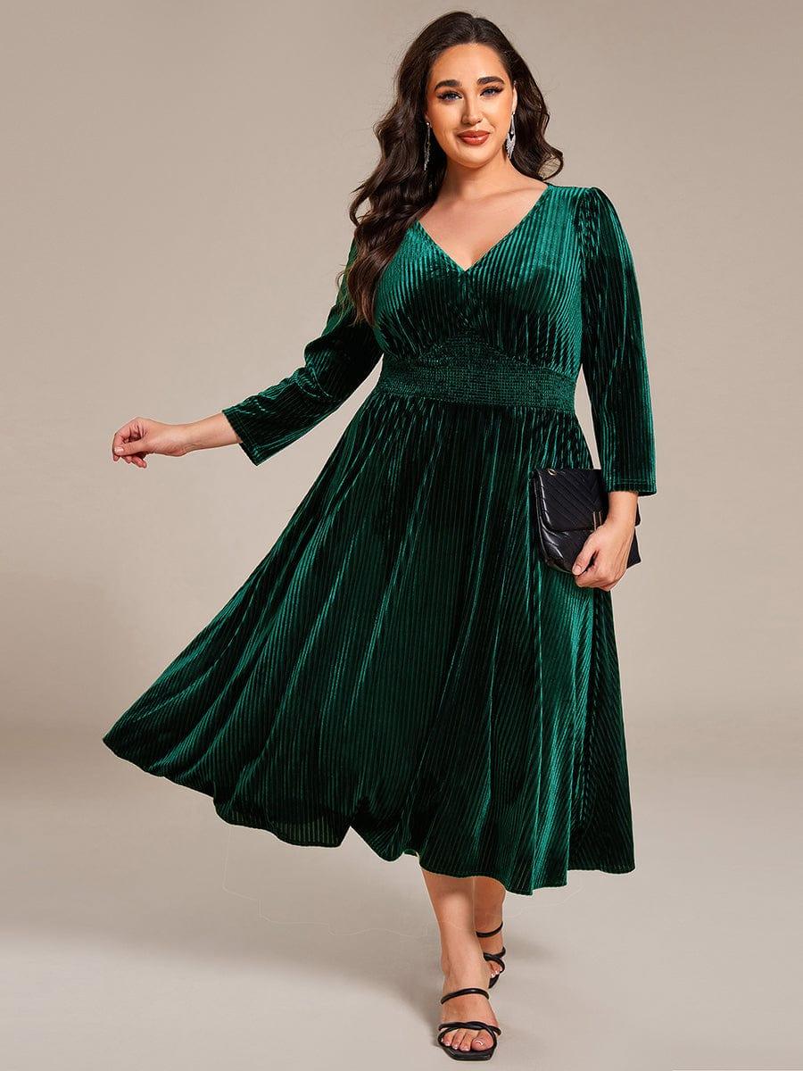 pretty ARLET|Plus Size Elegant Pleated Velvet Stretchy Tea Length Wedding Guest Dress