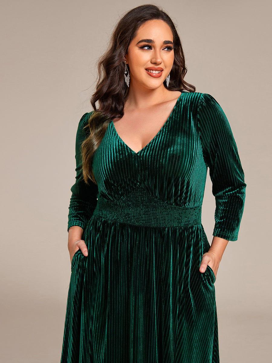 pretty ARLET|Plus Size Elegant Pleated Velvet Stretchy Tea Length Wedding Guest Dress