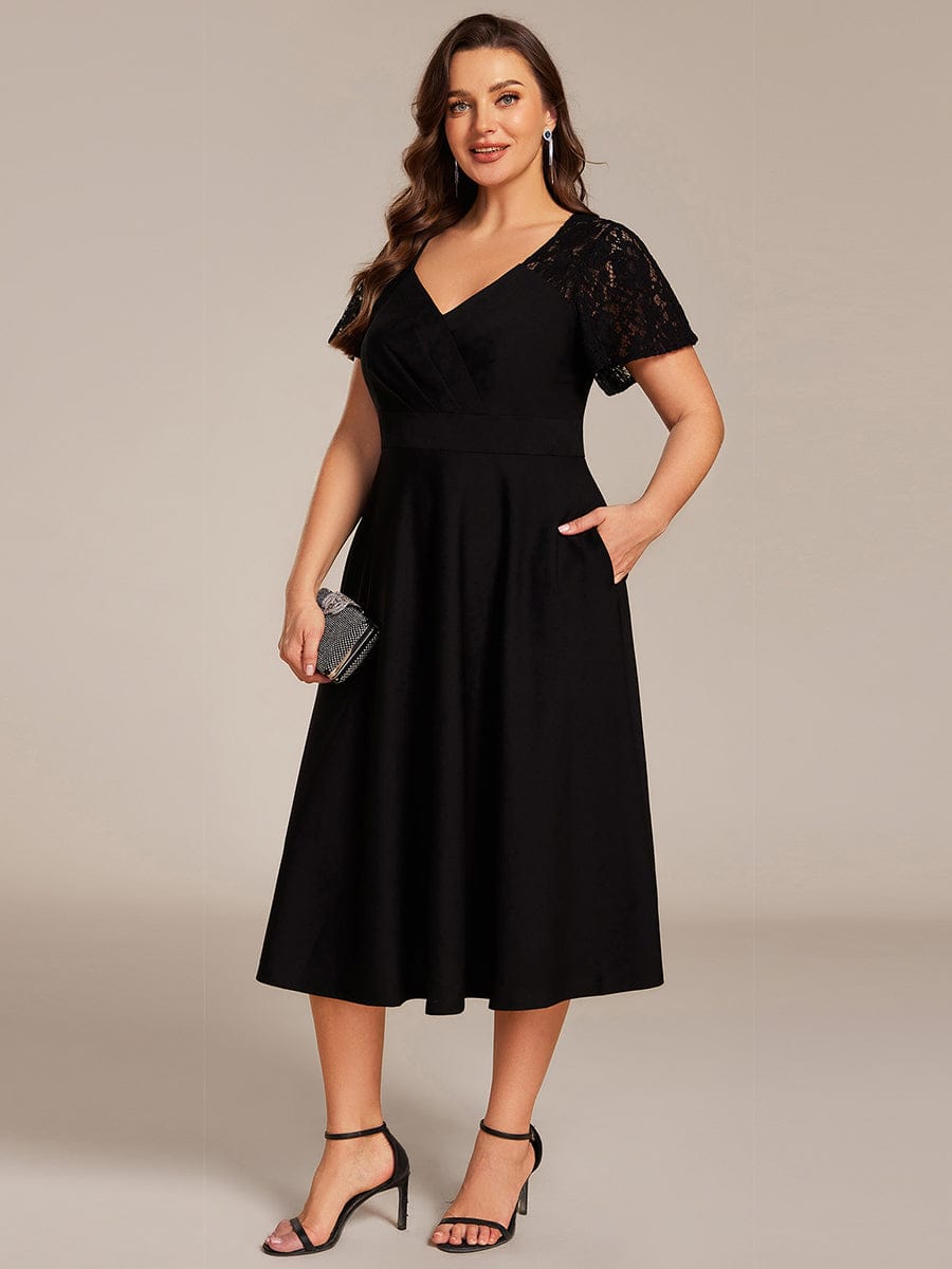 pretty EVIE|Plus Size A-Line Pleated Midi Wedding Guest Dress with Pockets