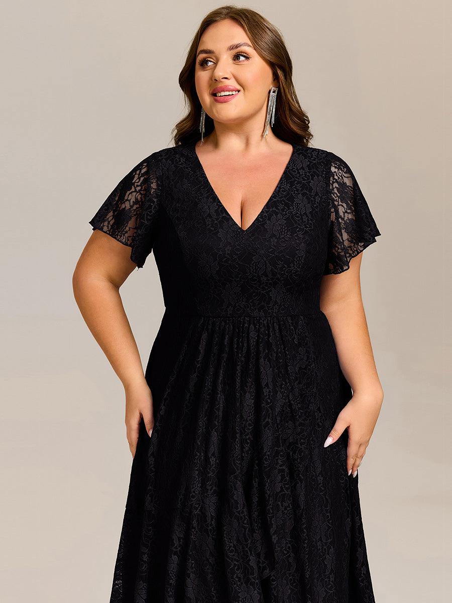 pretty PALOMA|Plus Size Short Sleeves V-Neck A-Line Lace Midi Wedding Guest Dress