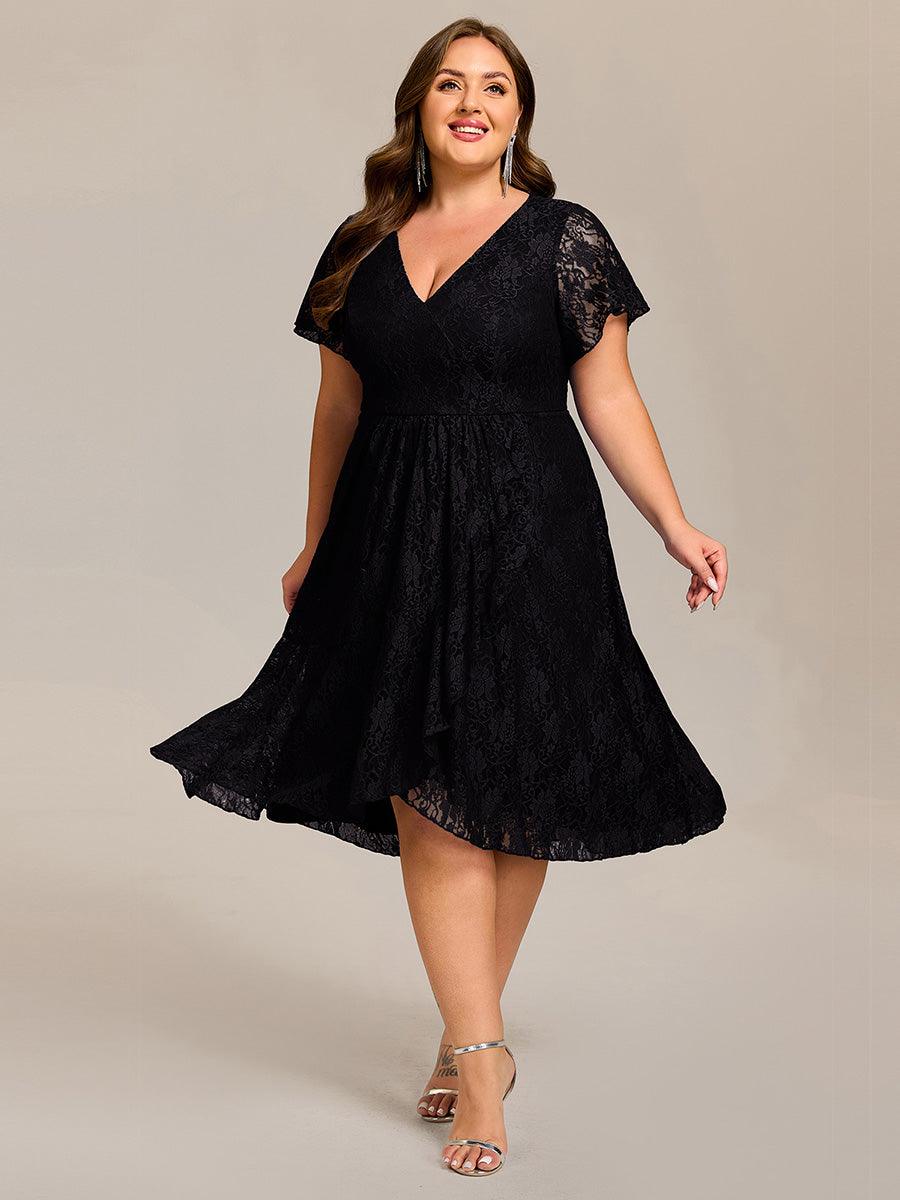 pretty PALOMA|Plus Size Short Sleeves V-Neck A-Line Lace Midi Wedding Guest Dress