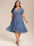 pretty PALOMA|Plus Size Short Sleeves V-Neck A-Line Lace Midi Wedding Guest Dress