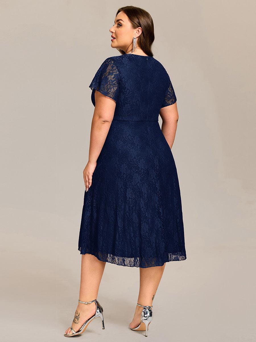 pretty PALOMA|Plus Size Short Sleeves V-Neck A-Line Lace Midi Wedding Guest Dress