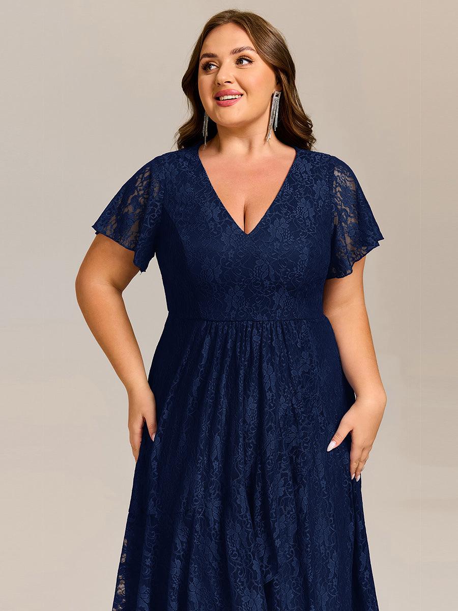 pretty PALOMA|Plus Size Short Sleeves V-Neck A-Line Lace Midi Wedding Guest Dress