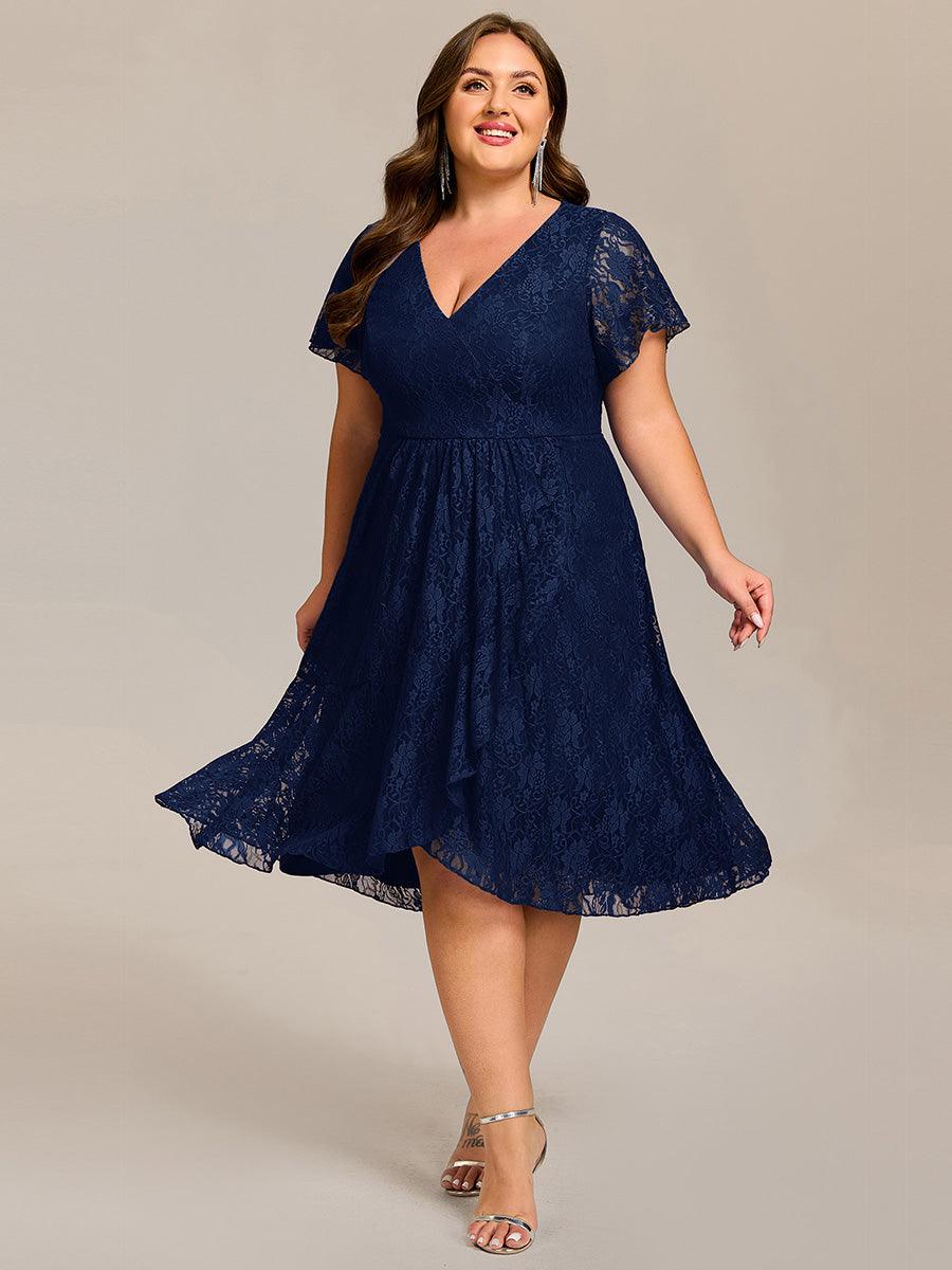 pretty PALOMA|Plus Size Short Sleeves V-Neck A-Line Lace Midi Wedding Guest Dress