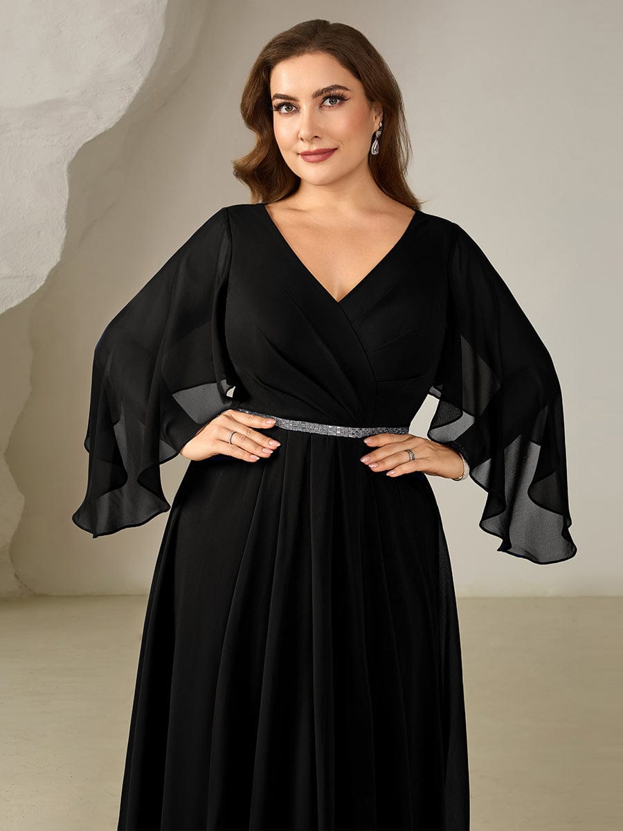 pretty WYNN|Plus Size Deep V-Neck Chiffon Wedding Guest Dress