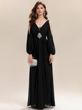 Rhinestone Embellished Chiffon Lantern Sleeve Wedding Guest Dress
