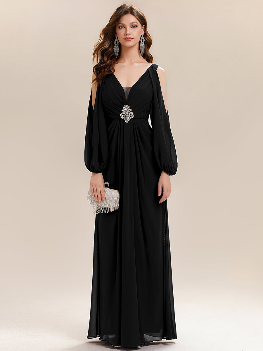 Rhinestone Embellished Chiffon Lantern Sleeve Wedding Guest Dress