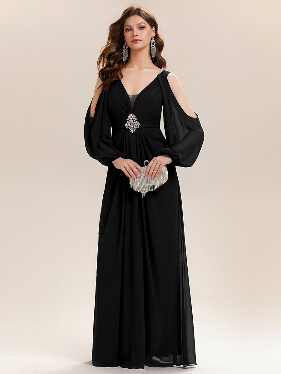 Rhinestone Embellished Chiffon Lantern Sleeve Wedding Guest Dress