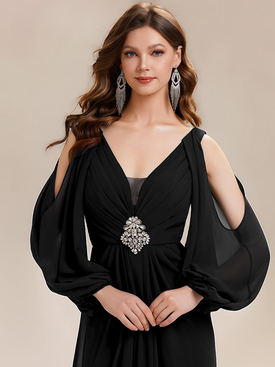 Rhinestone Embellished Chiffon Lantern Sleeve Wedding Guest Dress