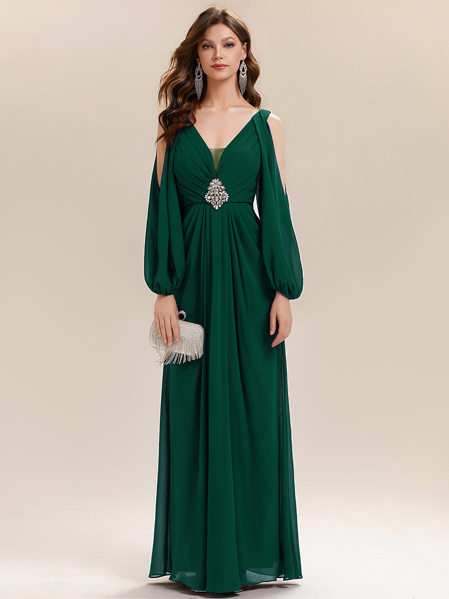 Rhinestone Embellished Chiffon Lantern Sleeve Wedding Guest Dress