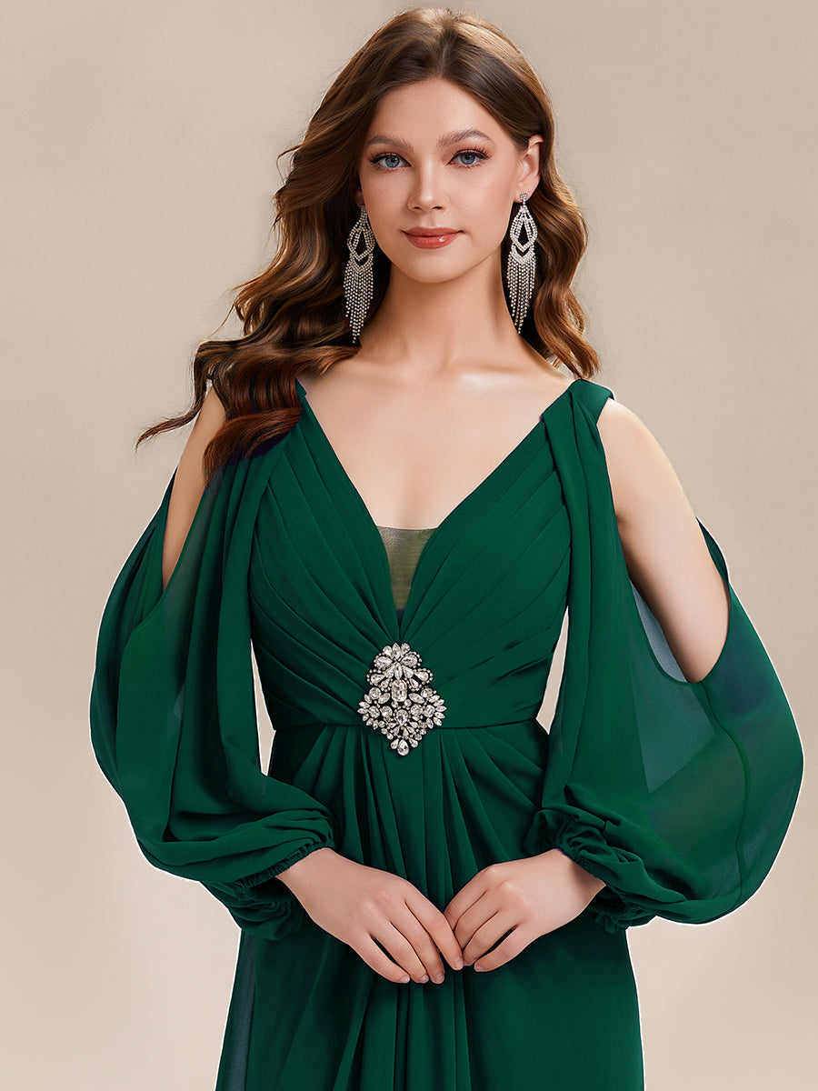 Rhinestone Embellished Chiffon Lantern Sleeve Wedding Guest Dress