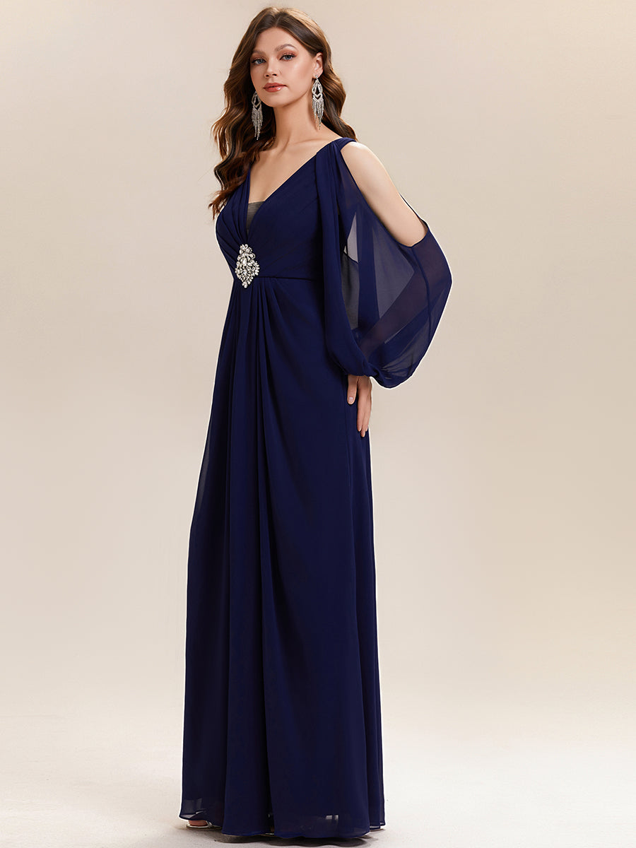 Rhinestone Embellished Chiffon Lantern Sleeve Wedding Guest Dress