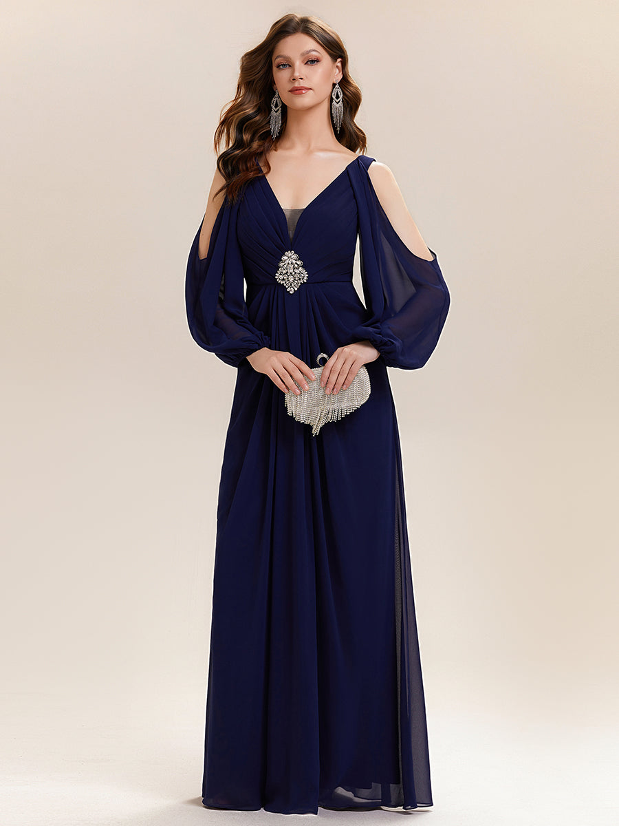 Rhinestone Embellished Chiffon Lantern Sleeve Wedding Guest Dress