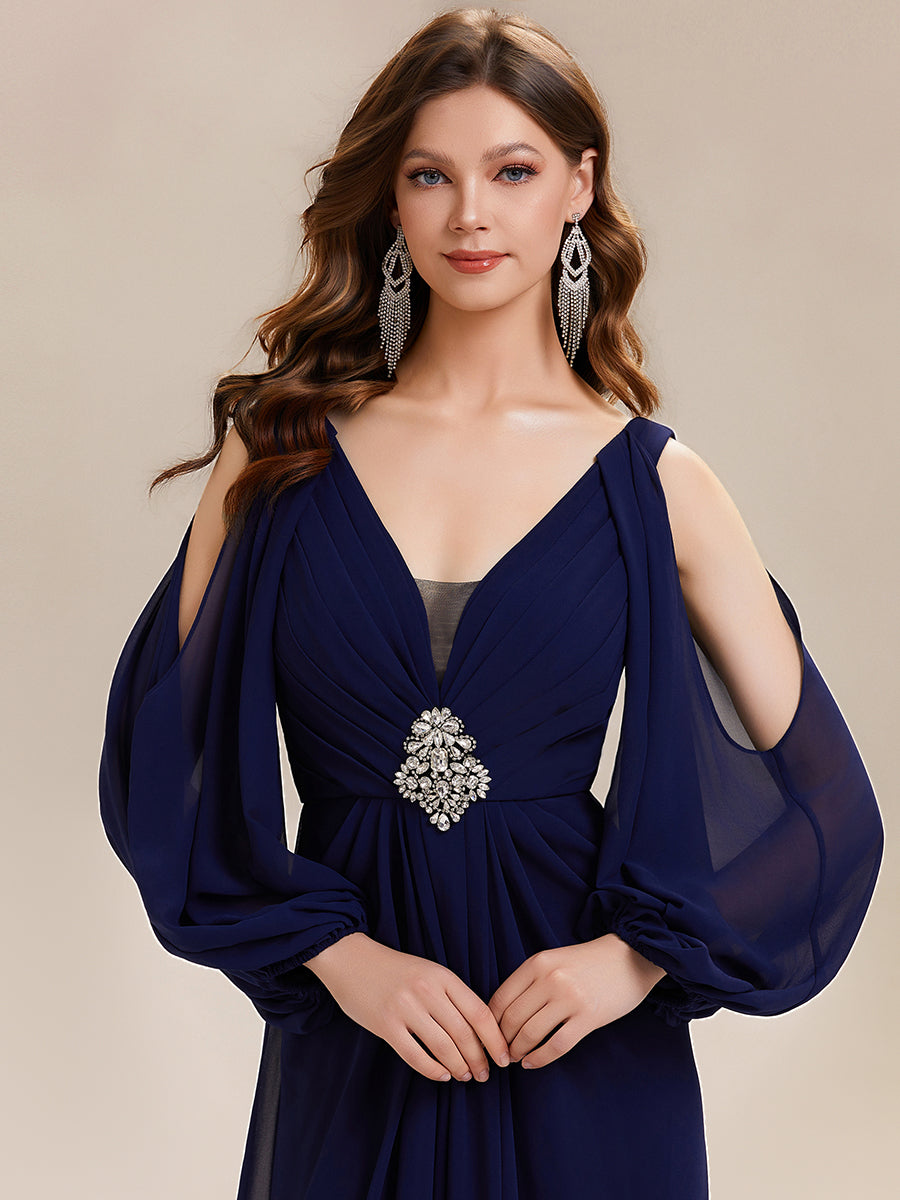 Rhinestone Embellished Chiffon Lantern Sleeve Wedding Guest Dress