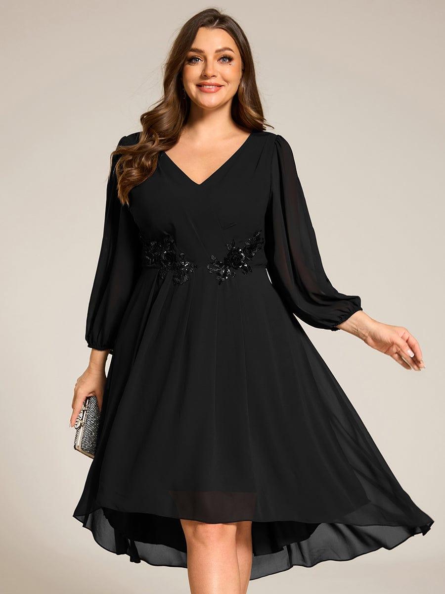 pretty AELINA|Plus Size Flowy Long Sleeves V-Neck Waist Applique Midi Chiffon Wedding Guest Dress