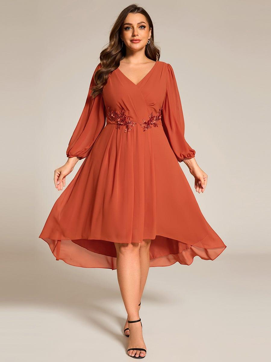 pretty AELINA|Plus Size Flowy Long Sleeves V-Neck Waist Applique Midi Chiffon Wedding Guest Dress