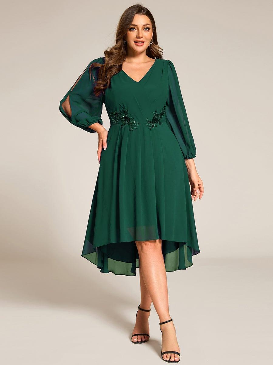 pretty AELINA|Plus Size Flowy Long Sleeves V-Neck Waist Applique Midi Chiffon Wedding Guest Dress
