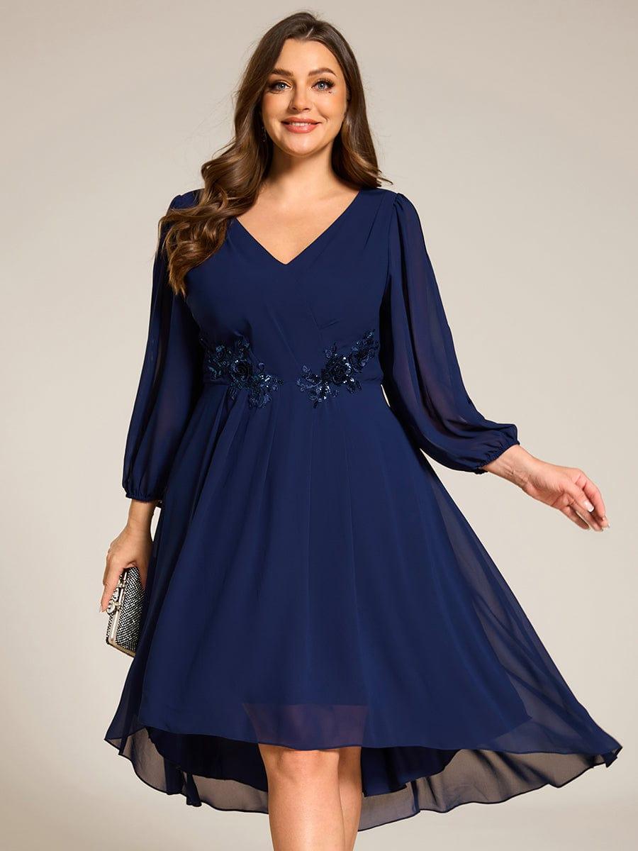 pretty AELINA|Plus Size Flowy Long Sleeves V-Neck Waist Applique Midi Chiffon Wedding Guest Dress