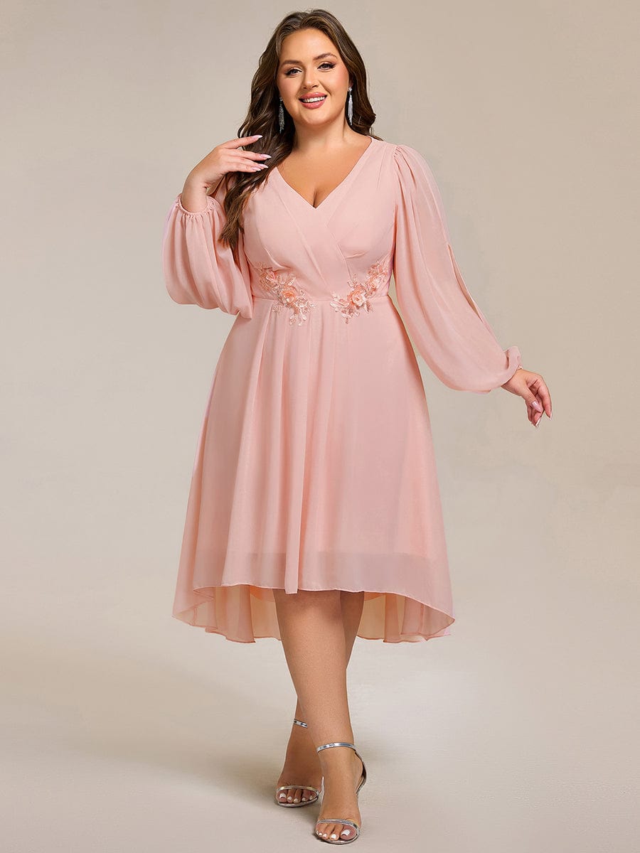 pretty AELINA|Plus Size Flowy Long Sleeves V-Neck Waist Applique Midi Chiffon Wedding Guest Dress